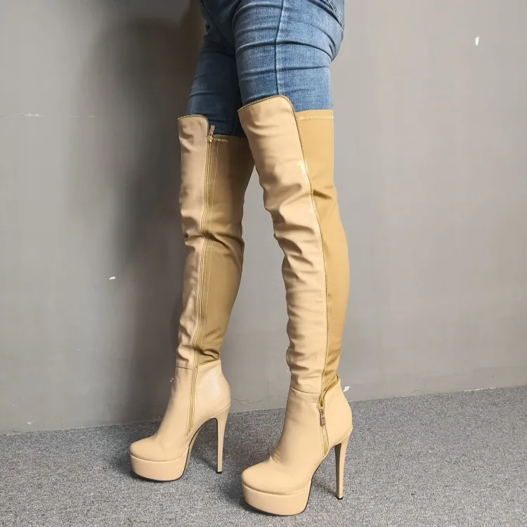 Rontik Kadın Platformu Uyluk Yüksek Çizmeler Stiletto Yüksek Topuklu Çizmeler Yuvarlak Toe Kayısı Siyah Parti Ayakkabı Kadınlar Artı ABD Boyutu 5-15