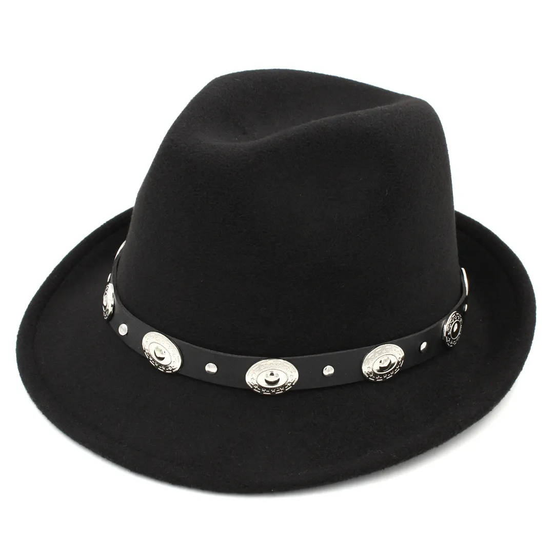 Mode Wolle Mischung Fedora Trilby Cap Outdoor Männer Frauen Gangster Cap Jazz Hat Schwarzer Leder Band8185663