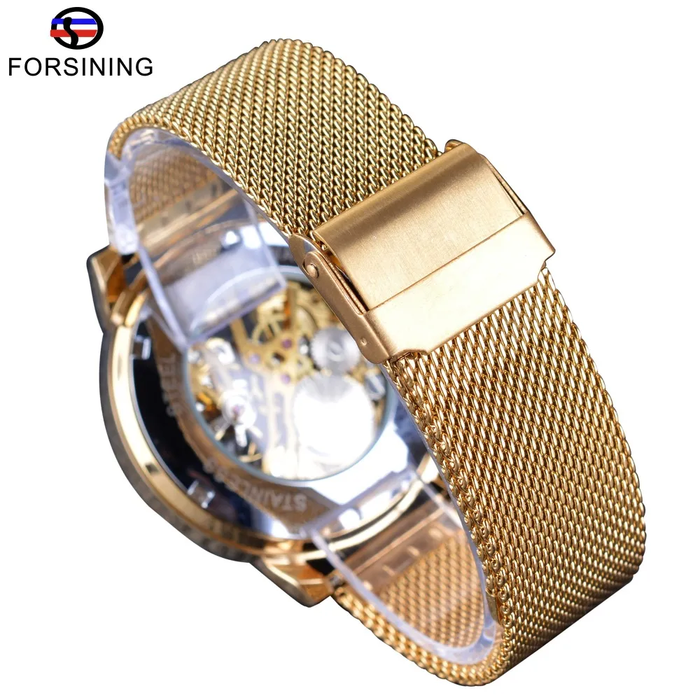 Forsining Transparante Kast 2021 Mode 3D Logo Graveren Gouden Roestvrij Staal Heren Mechanisch Horloge Topmerk Luxe Skeleton Wa224M