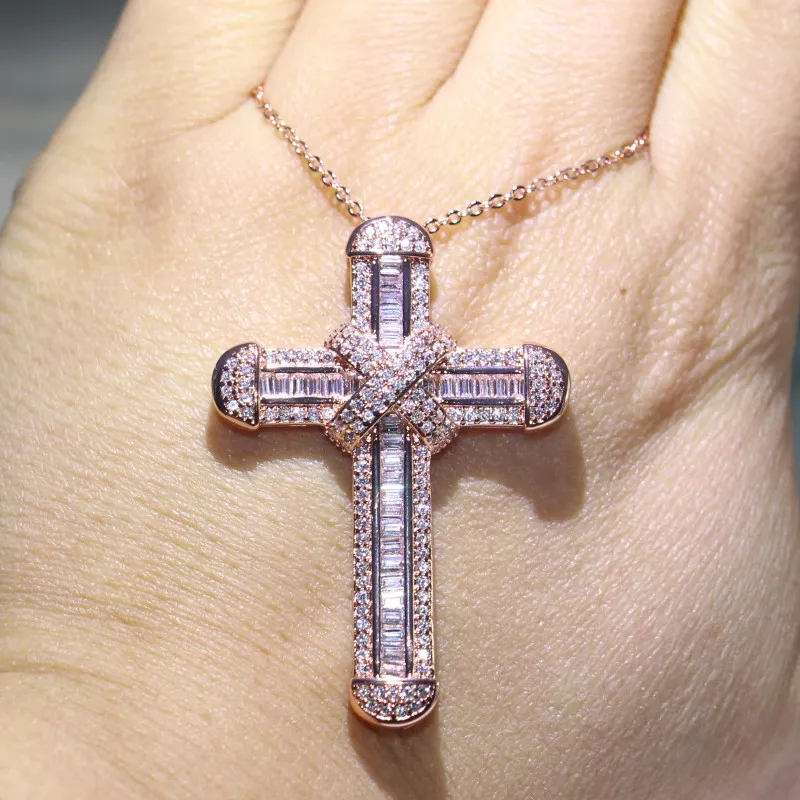 Choucong Unique Luxury Jewelry 925 Sterling Silver&Rose Gold Fill Full Princess Cut White Topaz CZ Diamond Cross Pendant Clavicle 182c