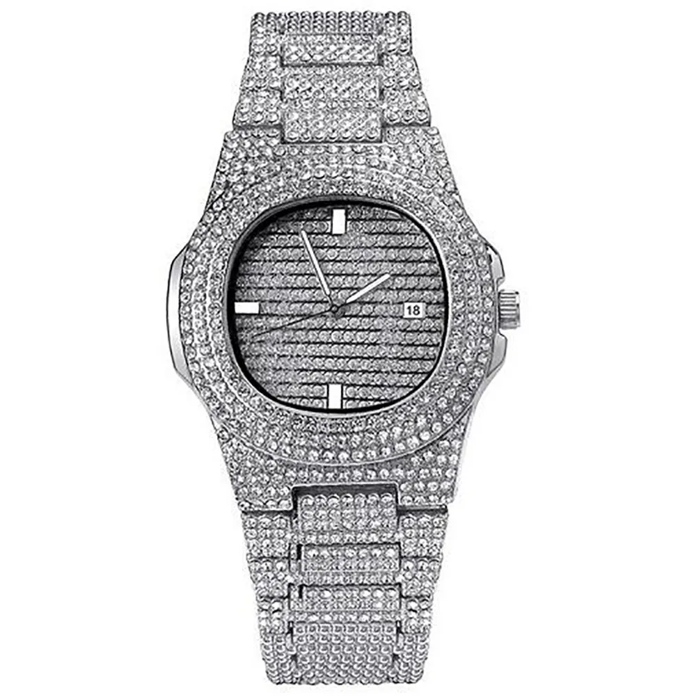 Reloj dorado totalmente personalizado con hielo Bling Bling 600 diamantes simulados Circón cúbico Calendario de piedra Cuarzo Correa de acero Staness Hip Hop2675