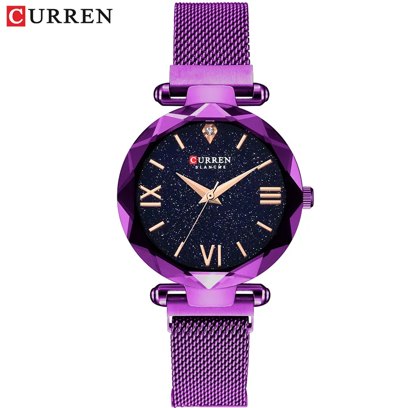 NOUVEAU CURREN Luxe Femmes Montres Maille Dames Horloge Aimant Boucle Étoilé Diamant Surface Géométrique Robe Décontractée Quartz Montre-Bracelet2112