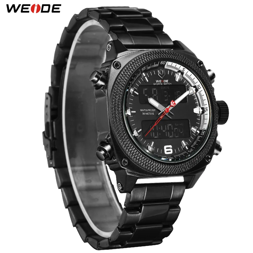 Weide Mens Sports Auto Date Week Display Digital Quartz Rostfritt stål Band Belt Wristwatch Black Clock Relogio Masculino Hour261B