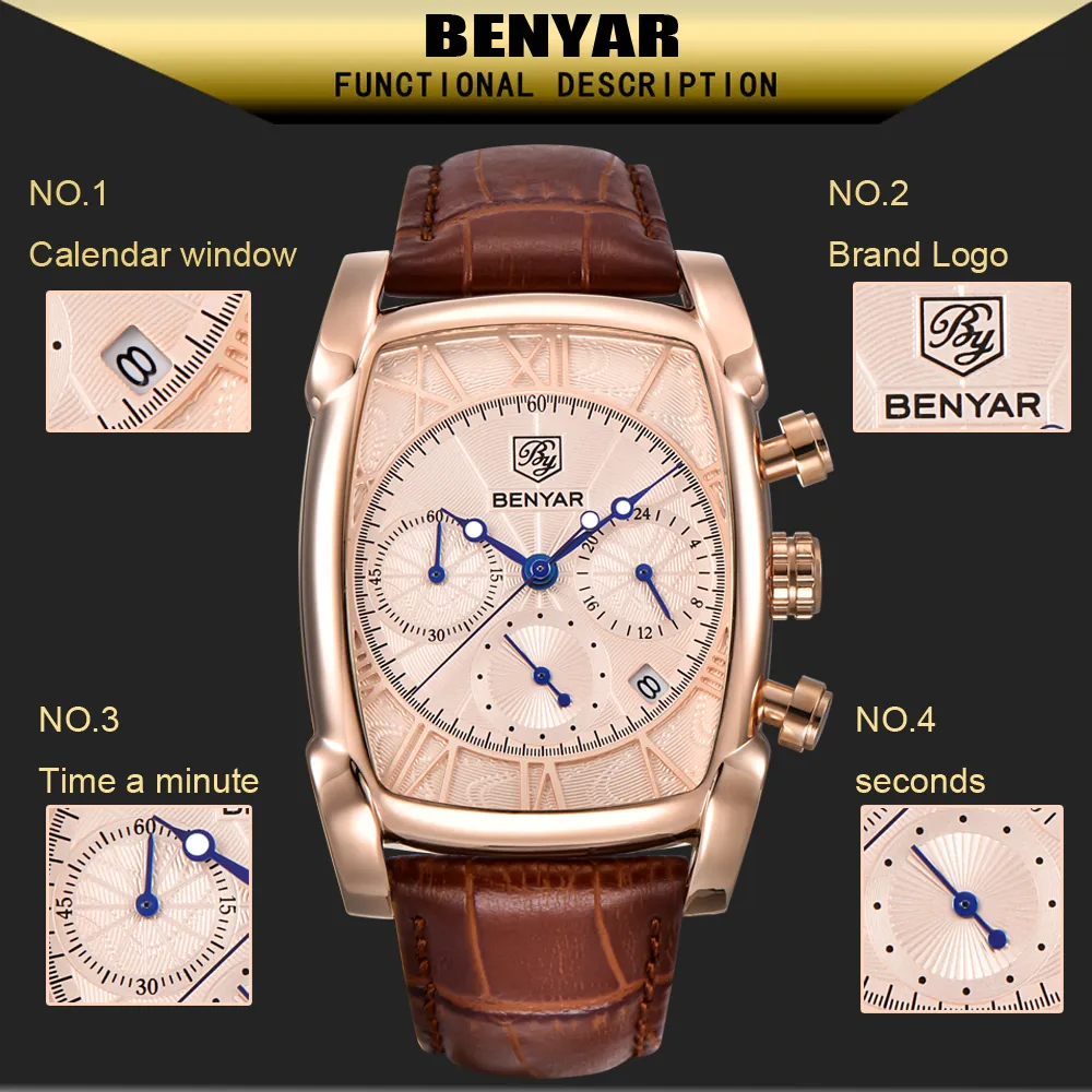 BENYAR luxe véritable montre à Quartz à six broches boîtier rectangulaire classique chronographe de sport montres pour hommes or Rose erkek kol saati250S