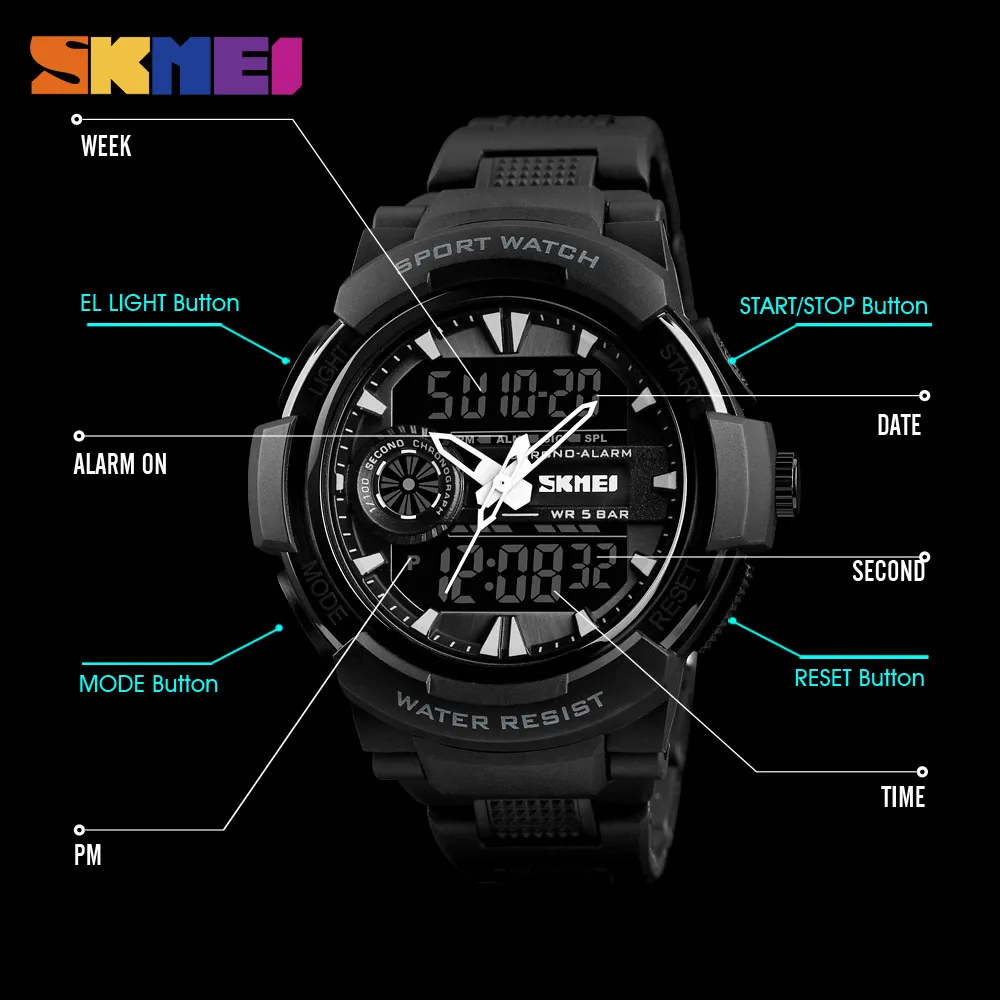 SKMEI Outdoor Sport Top Luxury Watch Uomo cinturino in PU 5Bar orologi impermeabili doppio display orologi da polso relogio masculino 1320305F