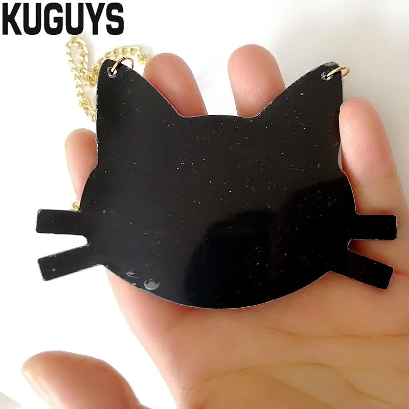 KUGUYS Trendy Jewelry Letter Crazy Cat Lady Necklace for Women Fashion Acrylic Black Kitten Large Pendant Necklace Sweater Chain248j