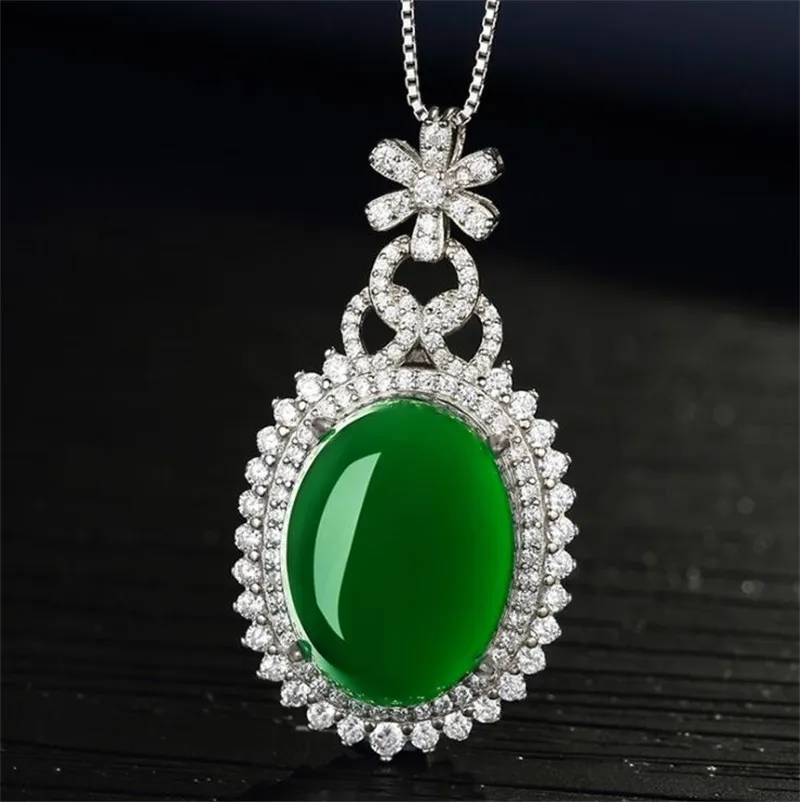 YHAMNI New Fashion 925 Sterling Silver Ciondolo Verde Naturale Collana di Lusso Gioielli di Marca Fidanzamento di Nozze Le Donne ZD3733335