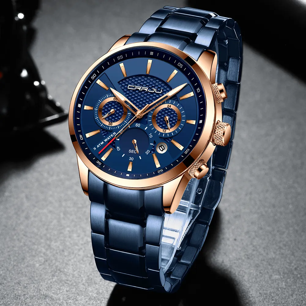 Cwp 2021 Crrju Zakelijke Mannen Horloge Mode Blauwe Chronograaf Stianless Staal Horloge Casual Waterdichte Klok Relogio Masculi238D