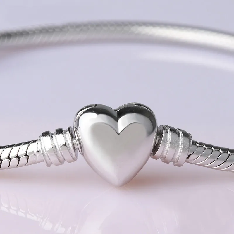 100% 925 Sterling Silver Heart Clasp Snake Chain Bracelet Fit Authentic European Dange Charm voor vrouwen Fashion DIY Jewelry238r