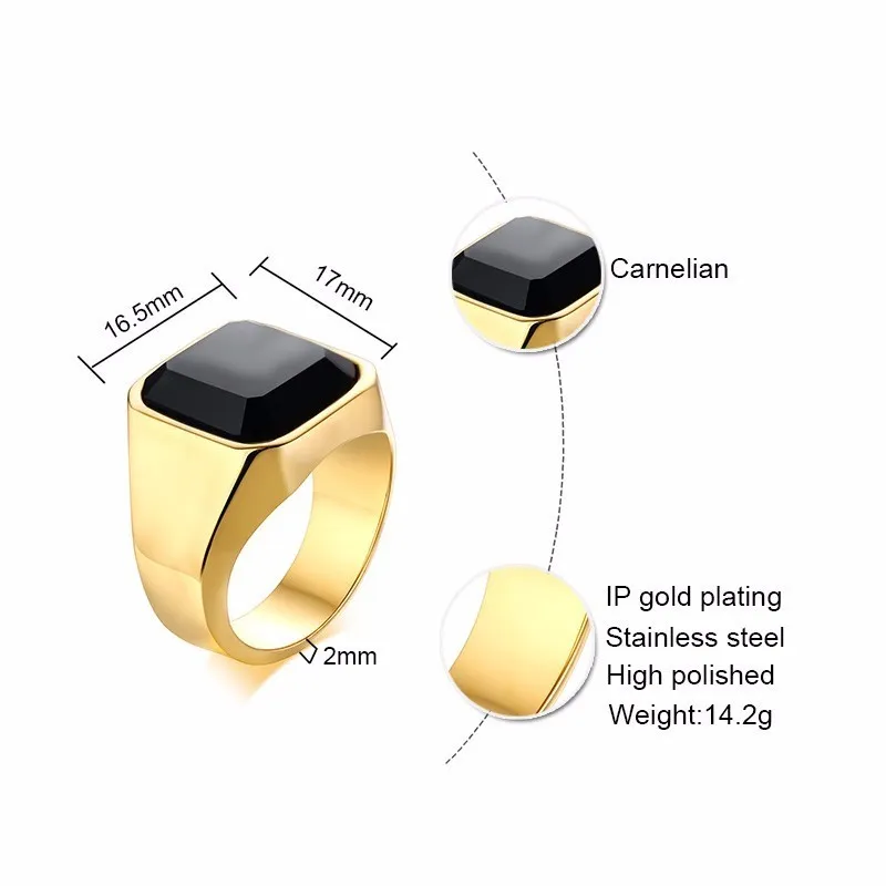 Dignified Black Carnelian Stainless Steel Golden Square Signet Ring for Men Pinky Rings Male Wealth and Rich Status Jewelry274H