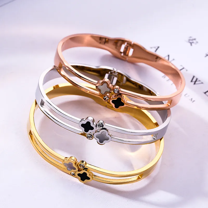 Moda clássica design de aço inoxidável trevo de quatro folhas pulseira incrustada autêntica concha moda bijoux feminino jóias229u