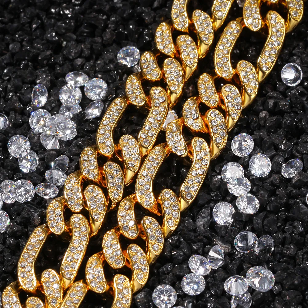 Figaro-Ketten-Halskette, 13 mm, Hiphop-Silber, Goldfarbe, Iced Out, Strasssteine, kubanische Glieder, Halsketten für Herren, Hip-Hop-Schmuck246i