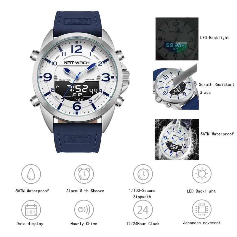 Luxury Watch Mężczyzn Mężczyzny Top Skórzane zegarki Man Quartz Analog cyfrowy wodoodporny zegar na rękę Big Watch zegar Klok KT18182037