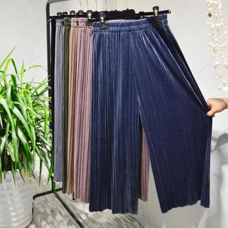 2019 version coréenne de taille élastique pantalon ample couleur unie or velours plissé pantalon large jambe all-match slacks livraison gratuite MX190716