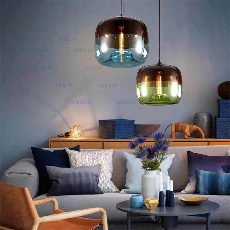 Retro gekleurde glazen hanglamp koffie groene blauw suspensie licht restaurant café bistro el woonkamer hangende kroonluchter338l