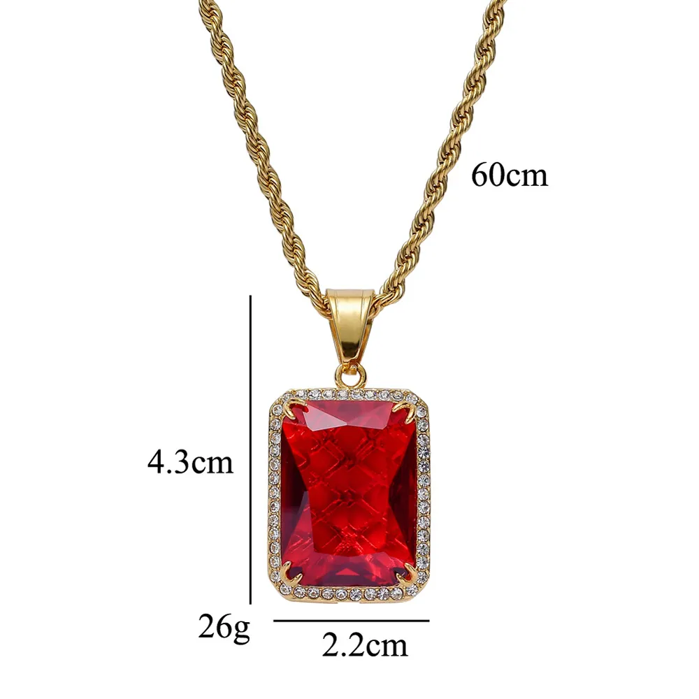 Mannen Vrouwen Hip Hop Edelsteen Hanger Ketting Populaire Rood Blauw Groen Edelsteen Sieraden Hoge Kwaliteit Roestvrij Staal IP Vergulde Accesso273Y