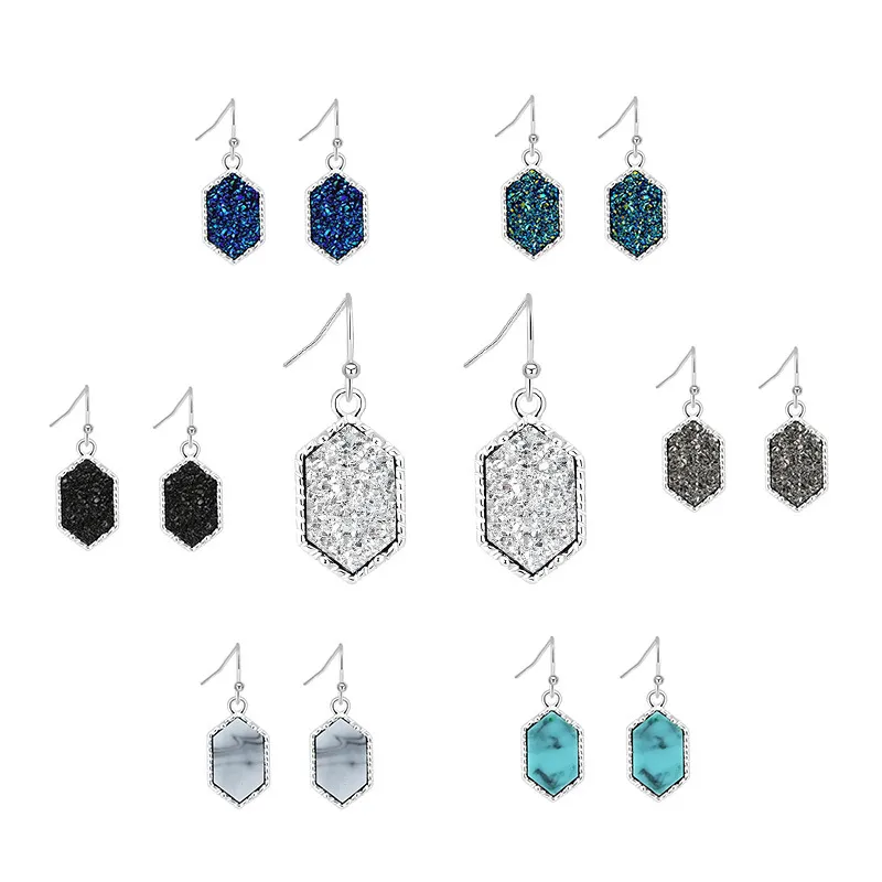 Chaîne de clavicule en alliage de résine plaqué argent, pendentif en diamant Turquoise groupé de couleur, boucles d'oreilles géométriques Druzy Drusy 2528