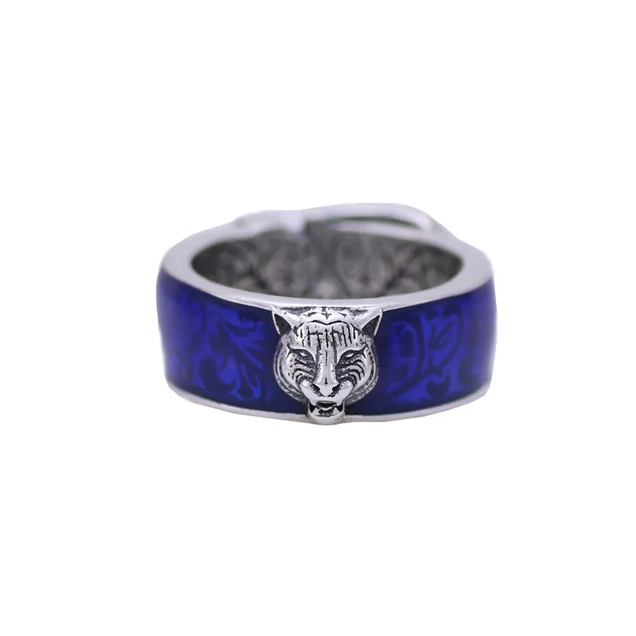 Europa en de Verenigde Staten retro S925 sterling zilveren ring heren blauw Emaille tijger hoofd ring dames tijger hoofd paar ring 337Y