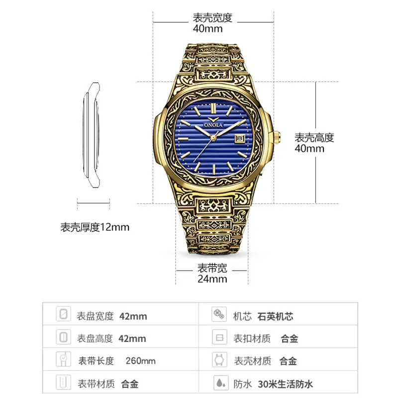 Klassiek designer vintage horloge heren 2019 ONOLA topmerk luxuri goud koper horloge mode formeel waterdicht quartz uniek mens310x