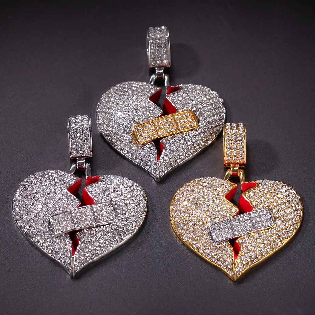 New Hip Hop Iced Out Full Diamond Band-aid Heart-breaking Pendant Broken Heart Alloy Necklace OK Stretch Love PendanH2710