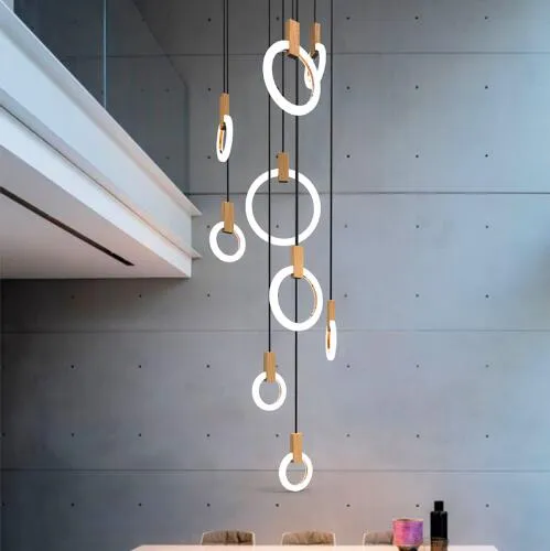 Moderne Nodic-Holz-LED-Ring-Kronleuchter, Acryl-Ring-Treppenbeleuchtungskörper für Wohnzimmer, Esszimmer, Treppe, 3, 5, 6, 7, 10 Ringe3266
