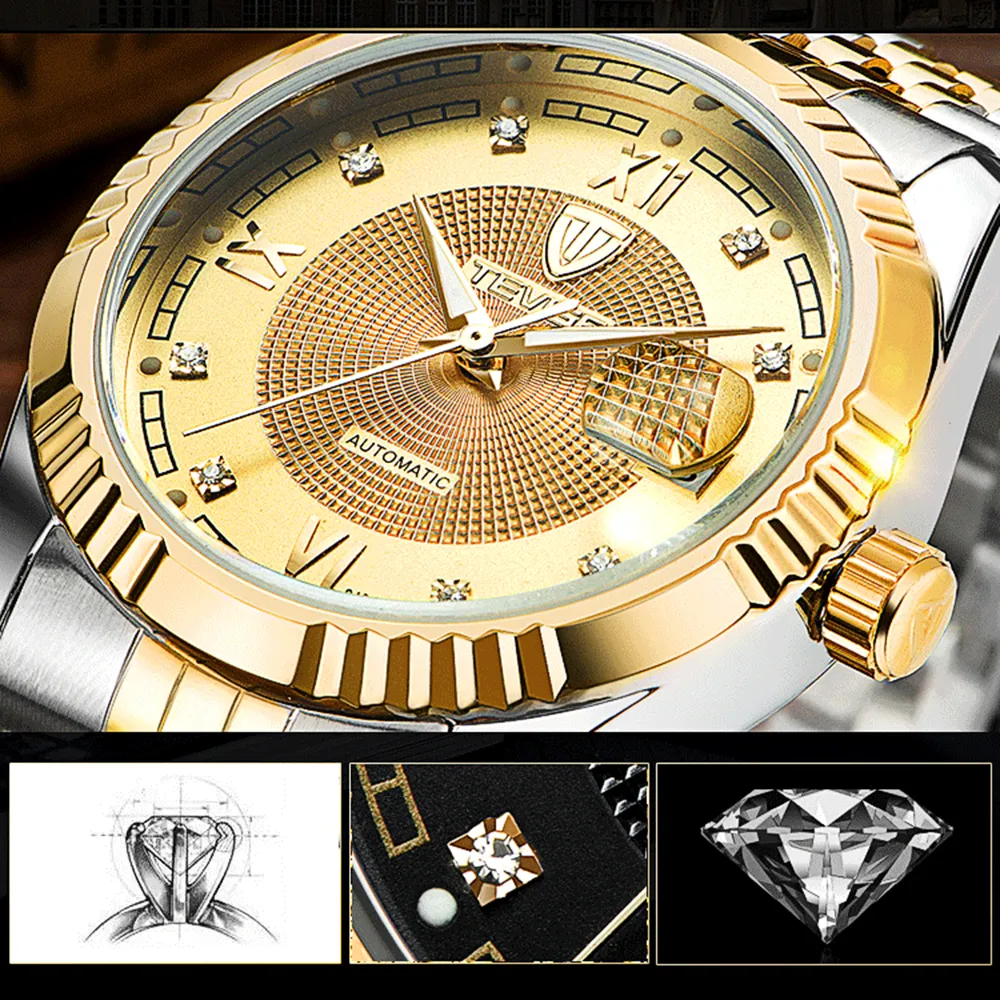 TEVISE Mode Automatische Mannen Horloge Lichtgevende Mechanische Horloges Gouden Wijzerplaat Skeleton Mannen Horloge Business heren Watches289o