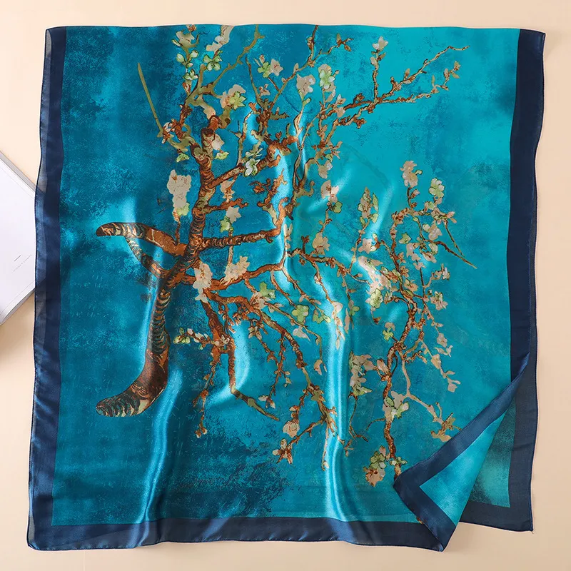 Van Gogh Oil Painting Abrikoos Bloemen Silk Scarf Vrouwen Designer Tree Shawl Long Bandana Foulard Femme Luxe Hajab sjaals 180cm2239112