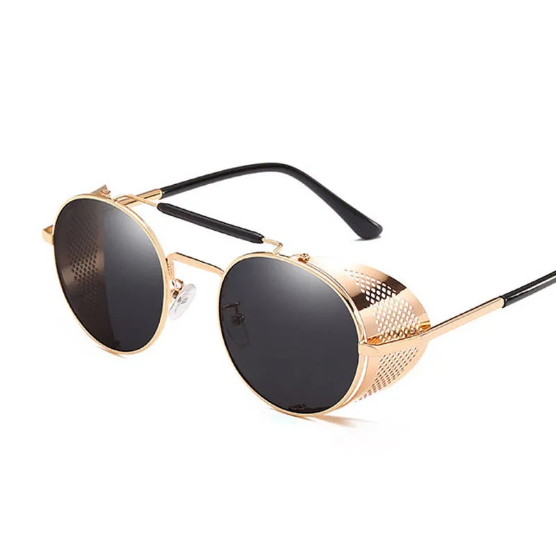 Lüks-Retro Steampunk Güneş Gözlüğü Goggle Yuvarlak Tasarımcı Steam Punk Metal Kalkanlar Güneş Gözlüğü Erkek Kadın UV400 Gafas De Sol313a