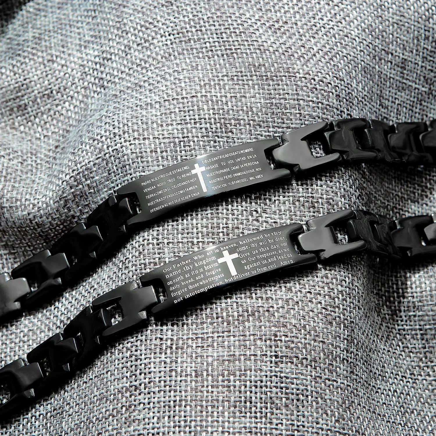 Herrens svarta cyklist Tunga kedjan Lord's Prayer Cross Armband i rostfritt stål309B