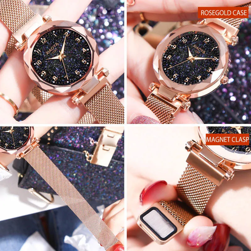 2019 Starry Sky Watches Women Fashion Magnet Watch Ladies Golden Arabiska armbandsur Lamer Style Armband Clock Y19257V