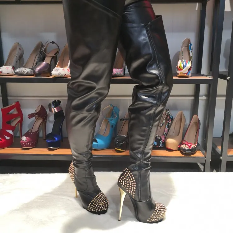 Diz Çizmeleri Üzerinde Rontik Kadınlar Stiletto Yüksek Topuklu Çizmeler Seksi Perçinler Sivri Burun Muhteşem Siyah Ayakkabı Kadınlar Artı ABD Boyutu 5-15