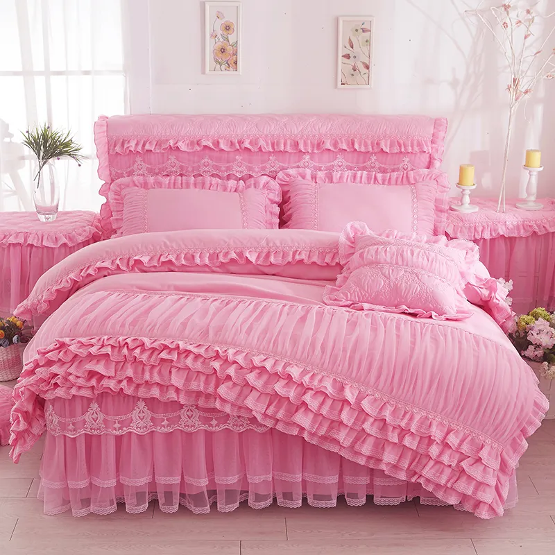 Rosa beige lila spetsprinsessor sängkläder set kung queen size 4sts ruffles bäddar utslags säng kjol bröllop täcke täcke sängen linne p211d