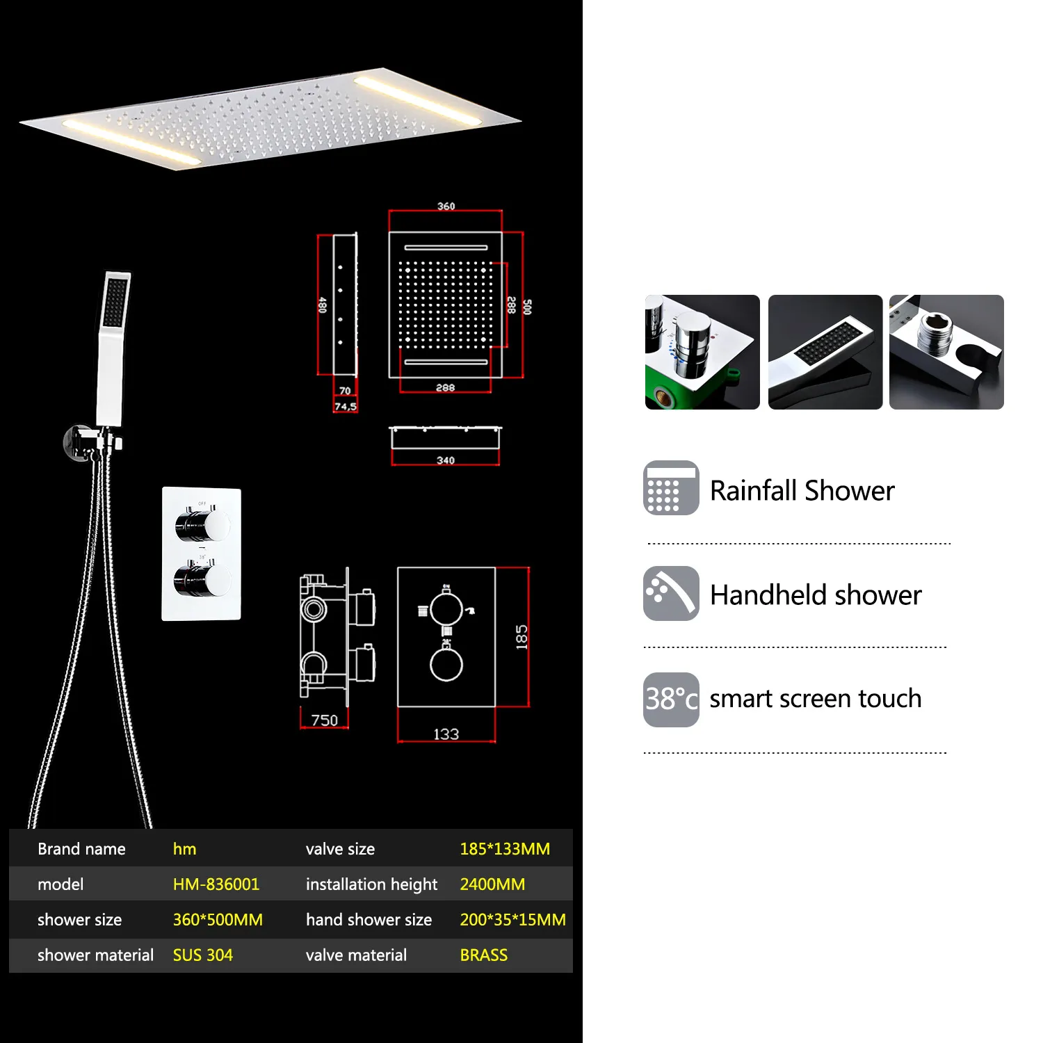 Multifunctionele LED-verlichting Badkamer Doucheset Accessoires Kraanpaneel Kraan en koudwatermengkraan LED Plafondkop Regenval Wa223n
