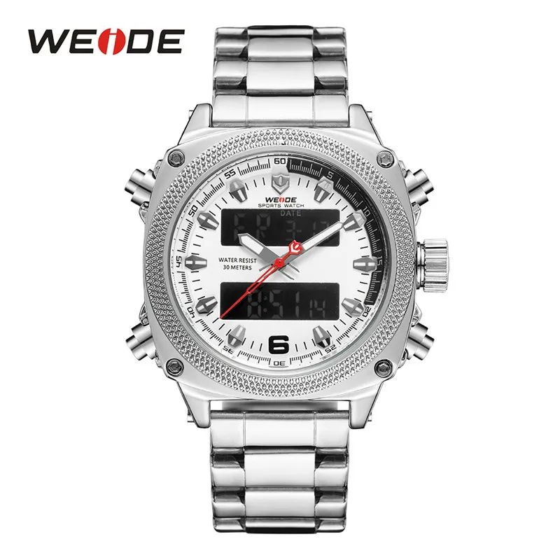 Weide Mens Sports Auto Date Week Display Digital Quartz Rostfritt stål Band Belt Wristwatch Black Clock Relogio Masculino Hour261B
