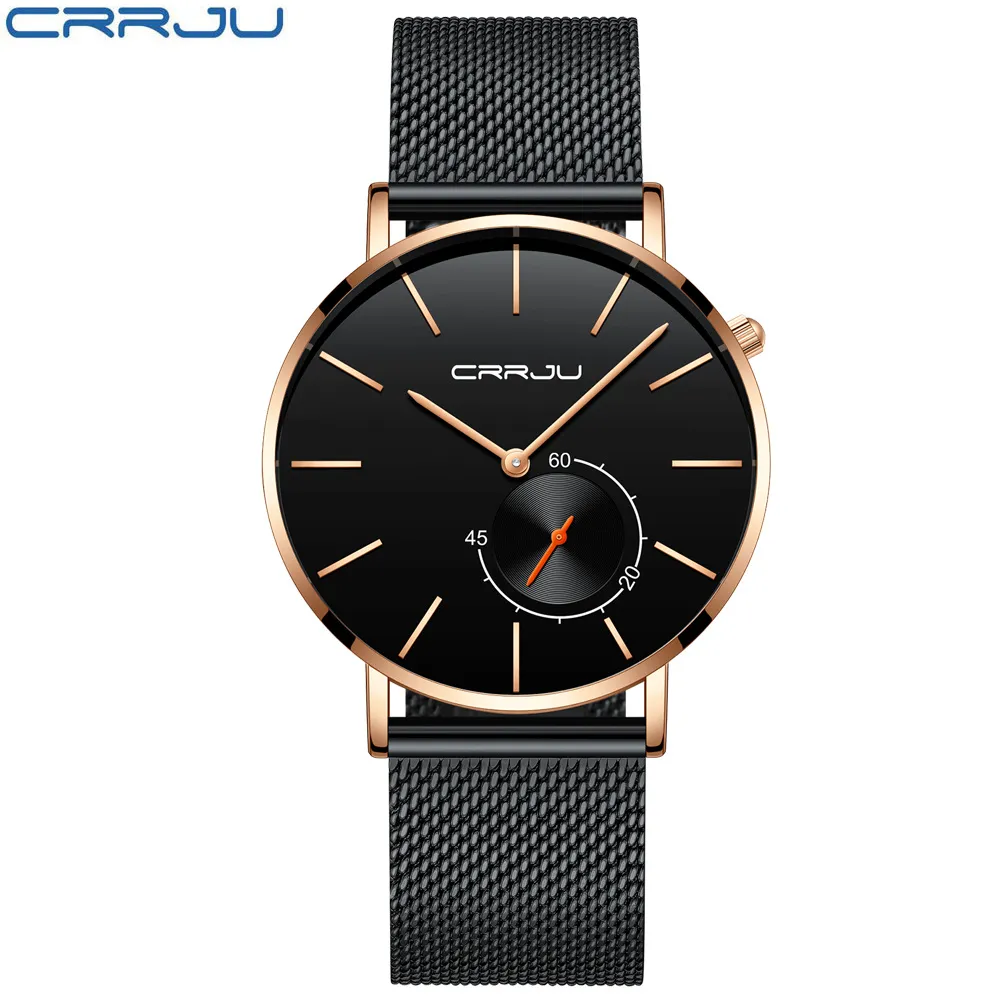 新しいファッションのシンプルな男性がcrrjuユニークなデザインブラックカジュアルクォーツ時計男性豪華なビジネス腕時計zegarek meskie222u