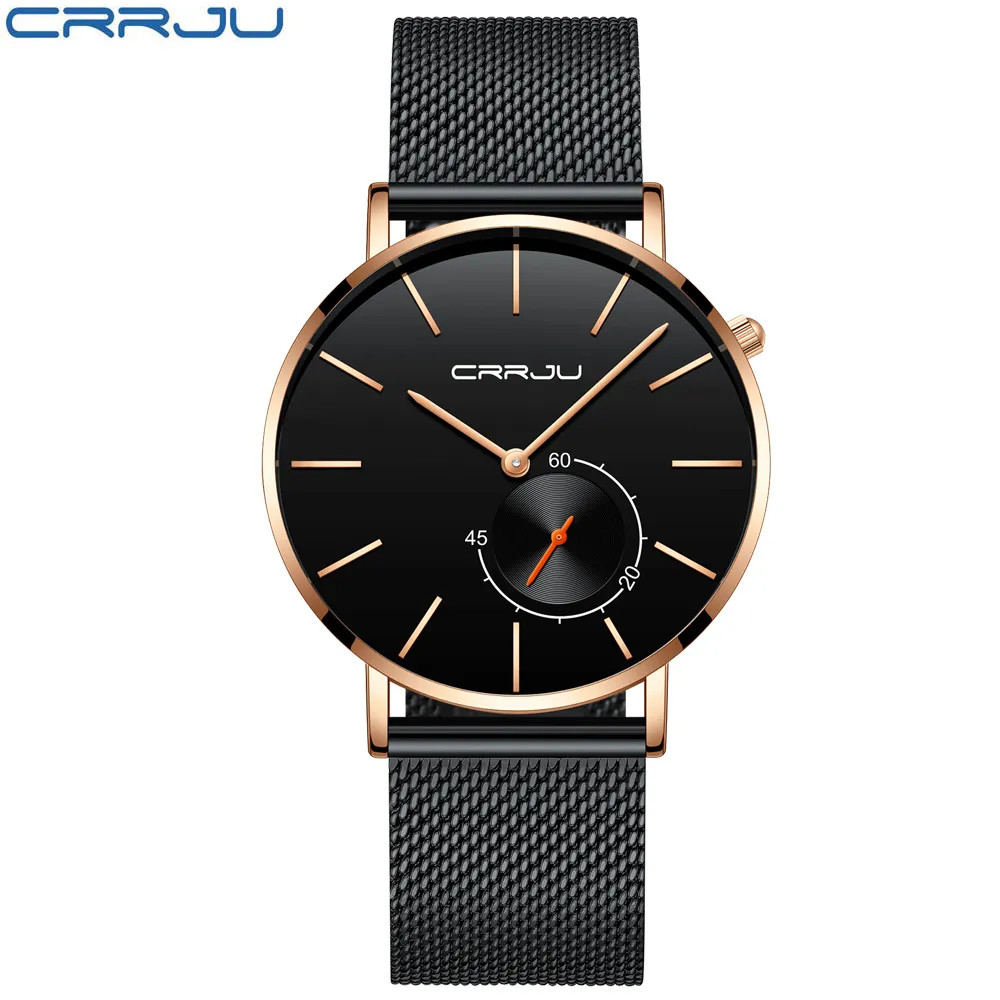 Nouvelle mode Simple hommes montre CRRJU conception Unique noir montres à Quartz décontractées hommes de luxe affaires montre-bracelet Zegarek Meskie264Y