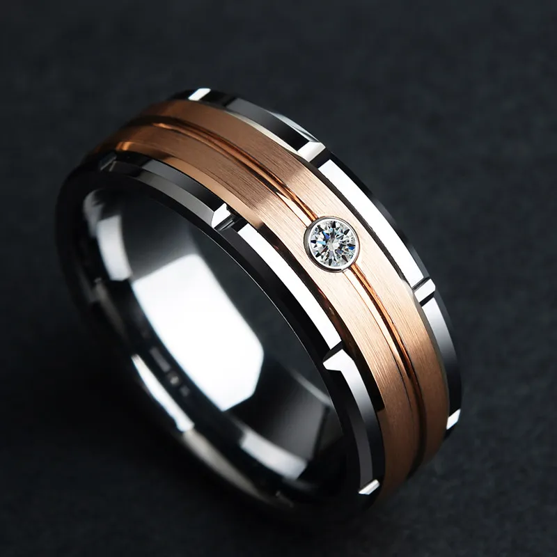 Nueva moda 8 mm anillo de carburo de tungsteno para hombre oro rosa cepillado diamante boda banda EE.UU. tamaño 6-133108