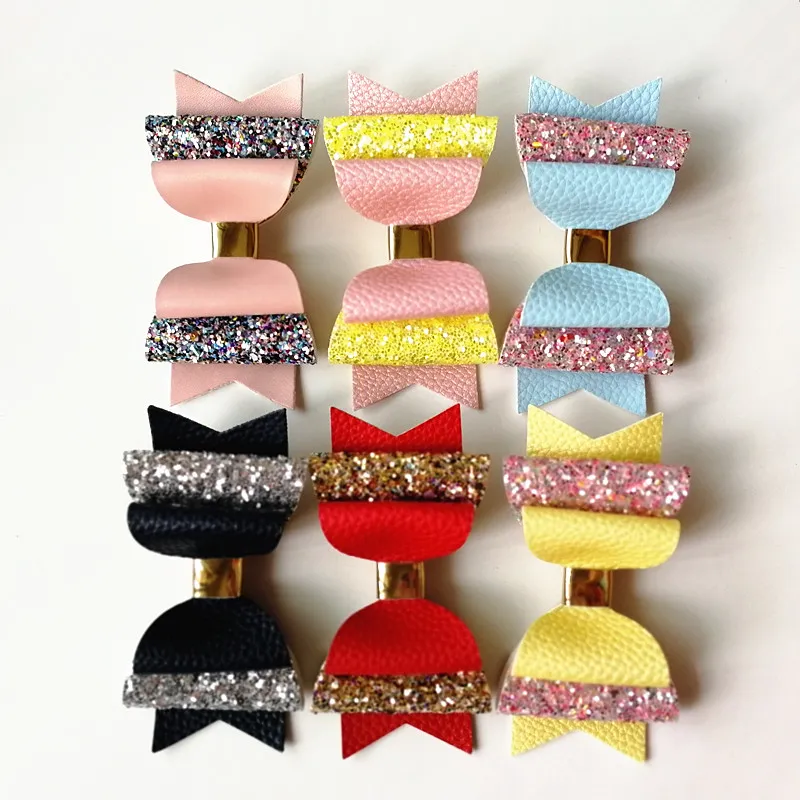 Fashion Lovely Girls PU-Leather Glitter Patchwork Big Bowknots 10 5cm Hairpins Cute Kids Pink Yellow Hair Accessories Wholes282Q