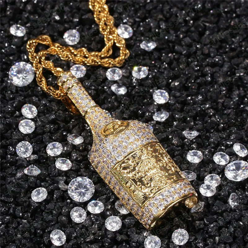Pingente de garrafa de champanhe com brilho, cor dourada, colar de garrafa de vinho tinto para homens, hip hop, festa, joias 259v
