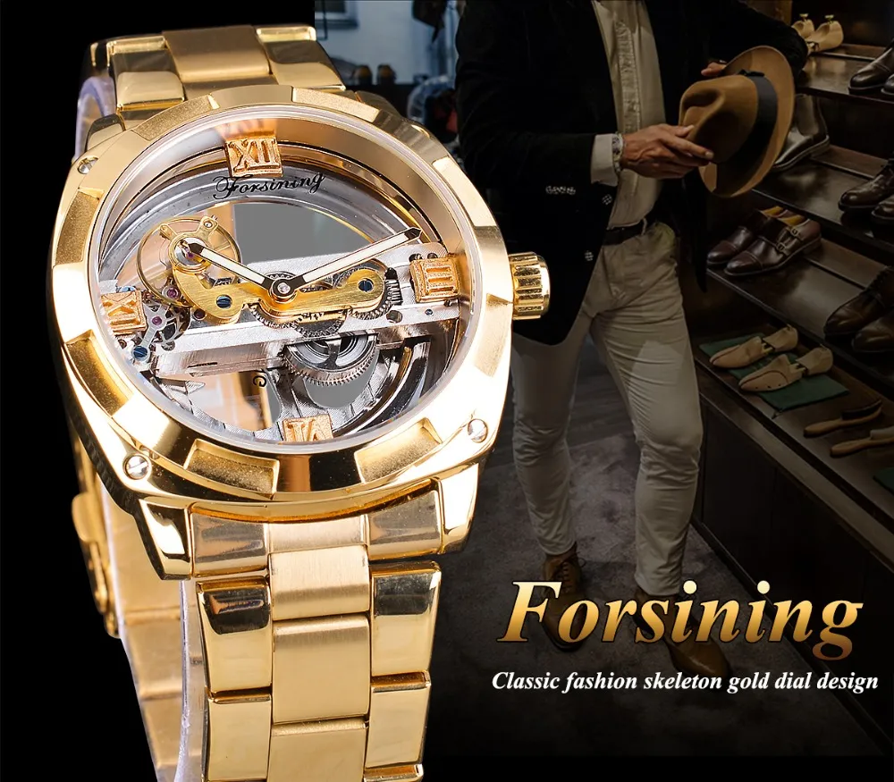 Forsining transparant gouden mechanisch horloge heren steampunk skelet automatische versnelling zelfopwindende roestvrijstalen band klok Montre2221