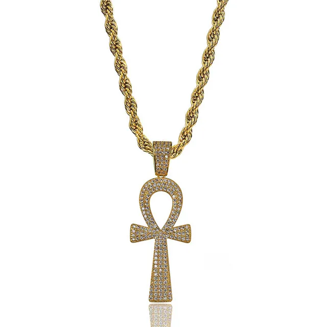 Iced Out Ägyptische Ankh-Schlüsselanhänger-Halskette mit Kette, 2 Farben, modische Herren-Halskette, Hip-Hop-Schmuck153j
