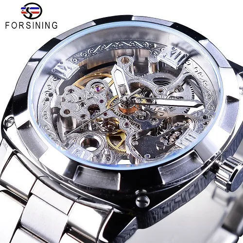 ForSining Par Watch Set Combination Men Silver Automatic Watches Steel Lady Red Skeleton Leather Mechanical Wristwatch Gift241b