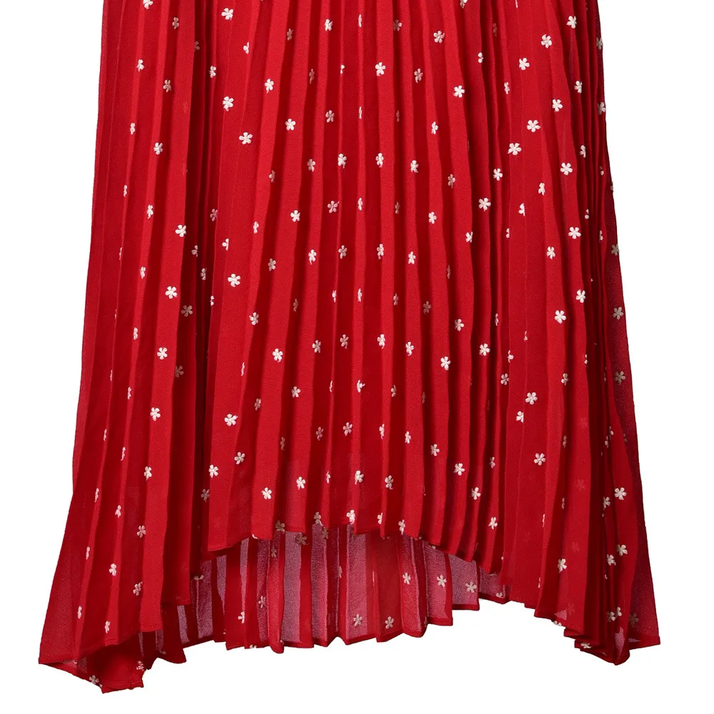 2020 الربيع الصيف أكمام الخامس الرقبة الأحمر الأزهار طباعة بألواح مطوي الركبة طول اللباس النساء أزياء فساتين W1815031