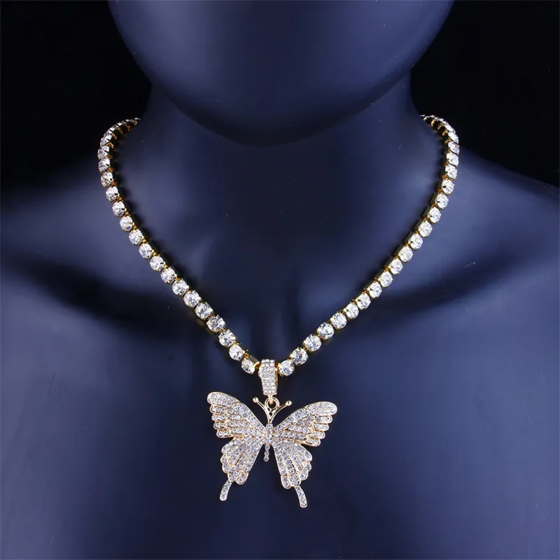 Iced Out Butterfly Pendant Necklaces Luxury Women Gold Silver Pink Animal Choker Chain Fashion Cubic Zirconia Rhinestone Bling Par2727