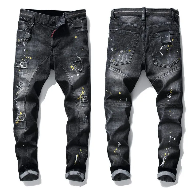 Homens emblema rasga estiramento jeans preto moda masculina fino ajuste lavado motocycle calças jeans painéis hip hop 7331