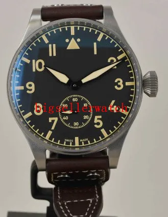 Mench Sport Watches New 42mm Big Montre D 'Aviateur Negro Dial 510401 Automatic Mens Watch Case de plateado Correa de cuero Hig2658