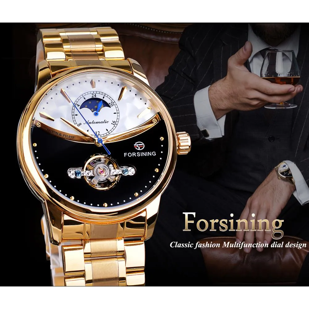 Reloj Forsining para Hombre, Reloj automático dorado con fase lunar y sol, banda de acero Tourbillon, esfera blanca y negra, Reloj mecánico de negocios para Hombre 284Y