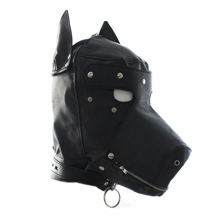 Masquerade Costume Dog Puppy Head Mask with Collar Full Face Hood Party Cosplay Mouth Gag Choker Zipped Muzzel Set271b