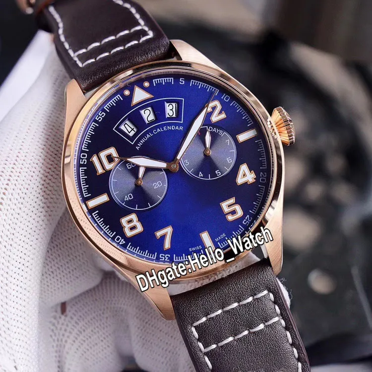 طيار كبير جديد ليتل الأمير IW502703 DIAL Blue 7 Day Power Reserve Mens Watch Steel Case Brown Leather Strap Watches Hel3133