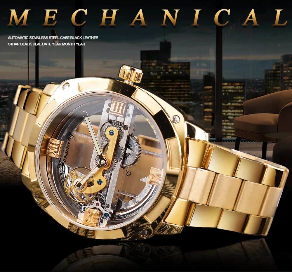 Forsining Transparent Golden Mechanical Watch Mens Steampunk Skeleton Automatic Gear Self Wind Stainless Steel Band Clock Montre279A